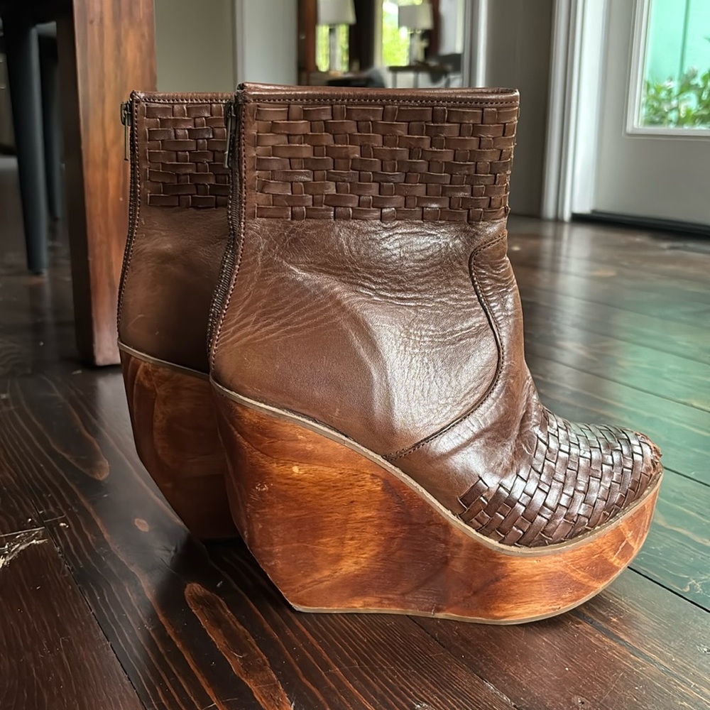 BED|STÜ Cobbler Series Woven Leather and Wood Heel Wedge Boots